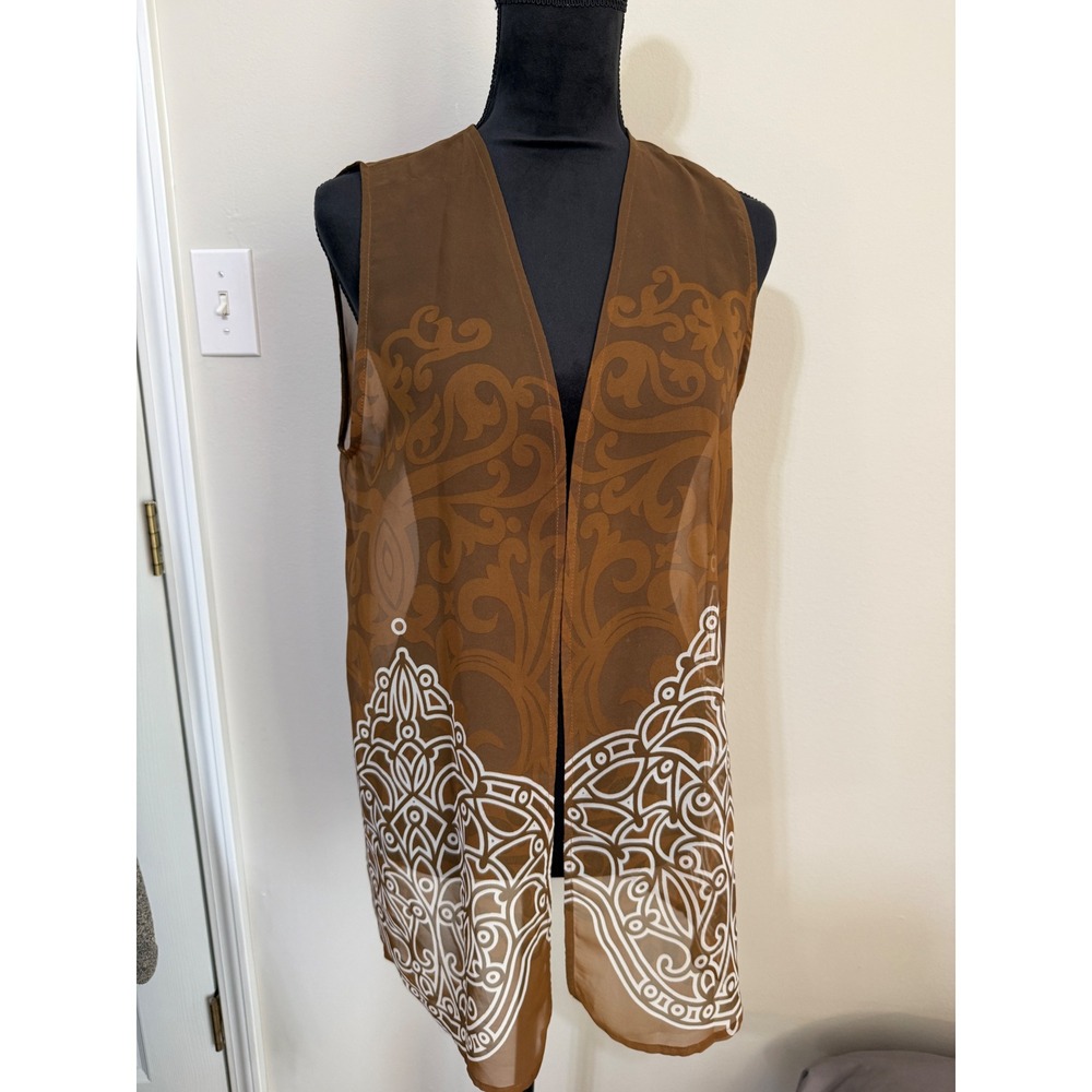Vtg Brown Sheer Overlay Vest Ornate Scroll Print Sz S/M‎ boo festival tribal Y2K